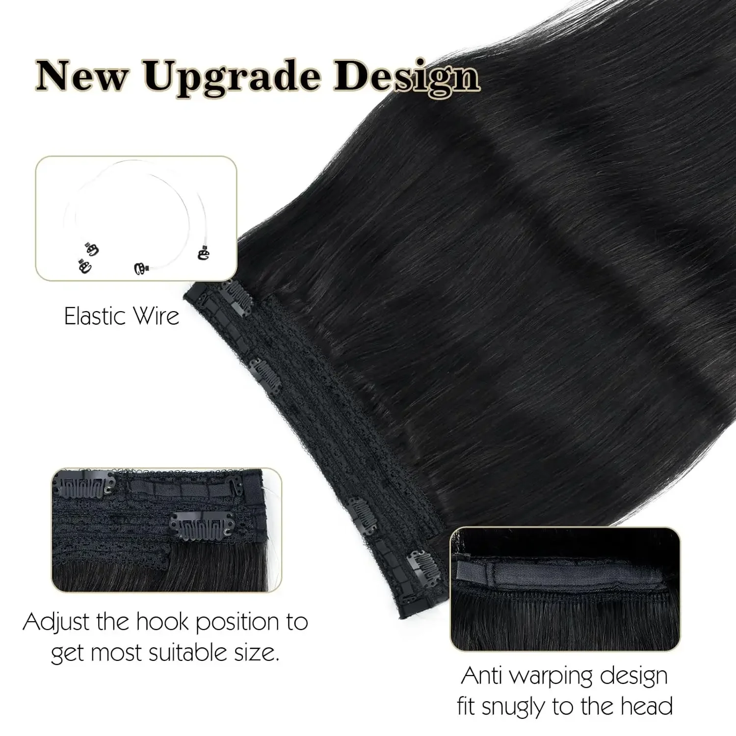 Klipp i ett stycke äkta hårförlängningar rak fiskelina osynlig tråd kolsvart_voghion.com