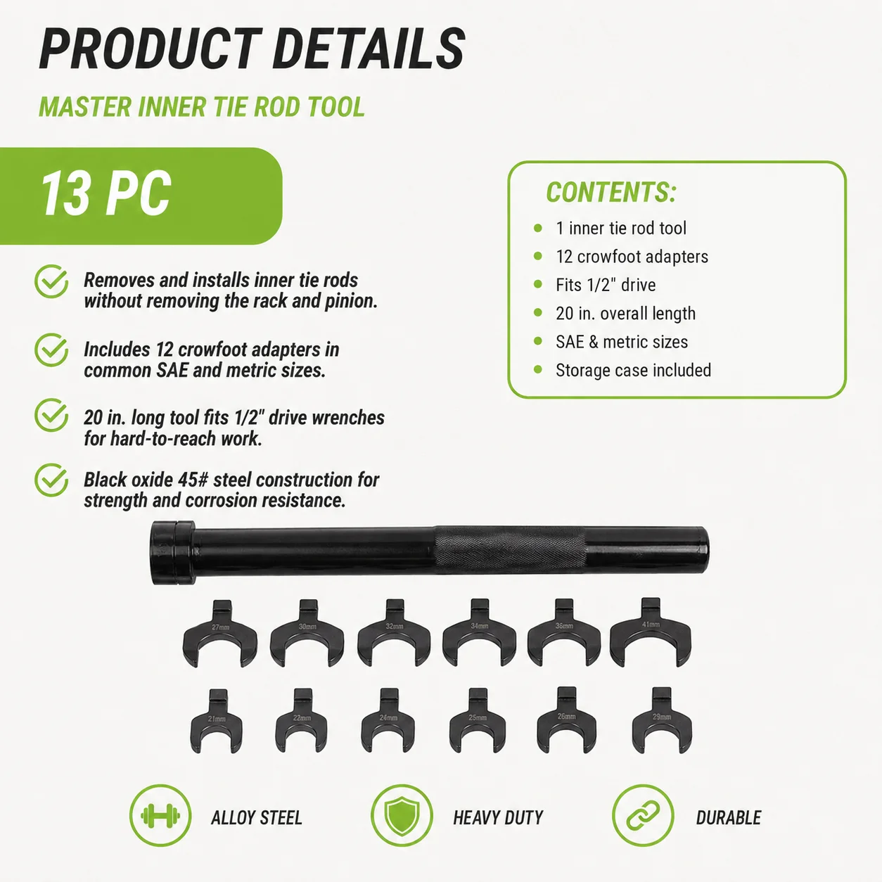 13PC Master Inner Tie Rod Removal Installation Tool Set 1/2 Inch Drive Steering Rack Service Kit with 12 Crowfoot Adapters