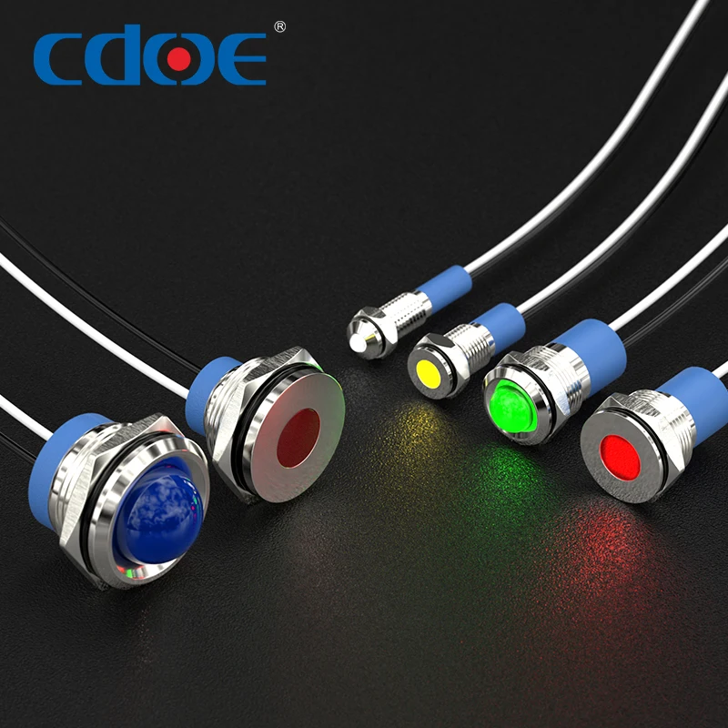 220V IP67 Panel Control LED Indicator Light 15cm Wire Red Green 6mm 10mm 12mm 16mm 22mm 25mm Pilots Metal 8mm Mounting Hole