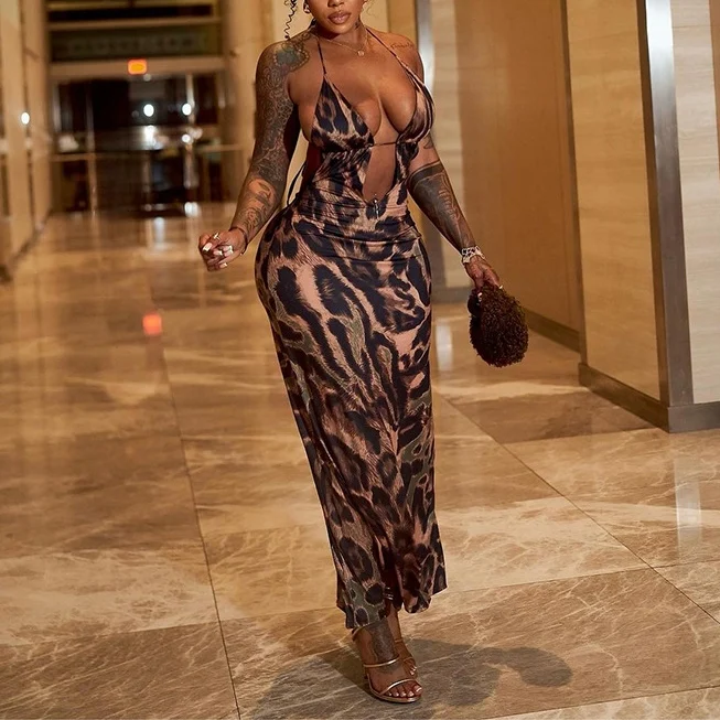 Sexy Halter Neck Tie-Back Leopard Print Long Dresses