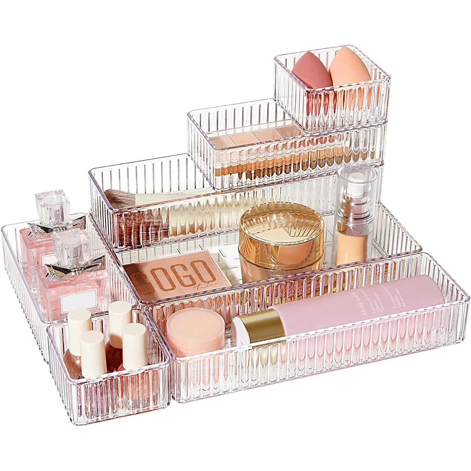 Organizer per cassetti in plastica trasparente, 25 pezzi, divisori per cassetti, vassoi, cassettiere, scatole divisorie per trucco, gioielli e gadget, camera da letto, ufficio, bagno cucina