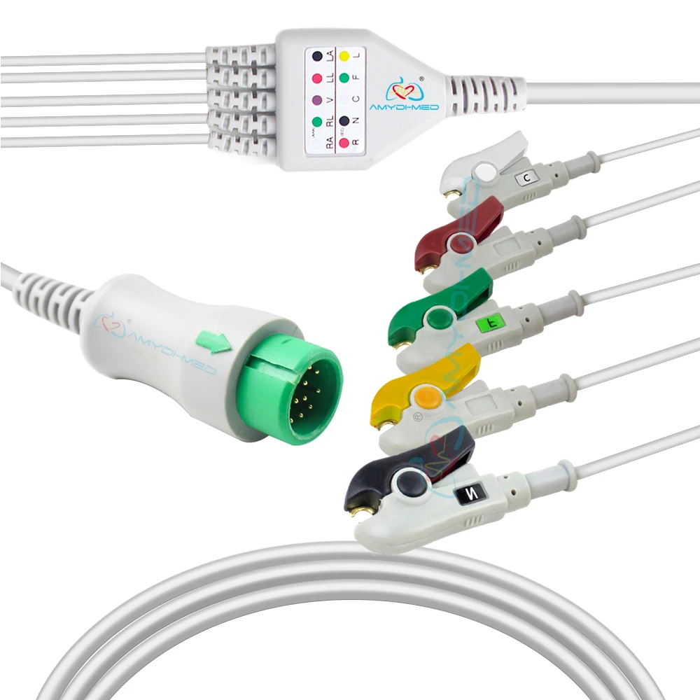 Compatible Ecg Medical Suppliers Cables Ekg Compatible With Mindray One-Piece 5-lead Clip Lead Wire 12 Pin Ecg Cable