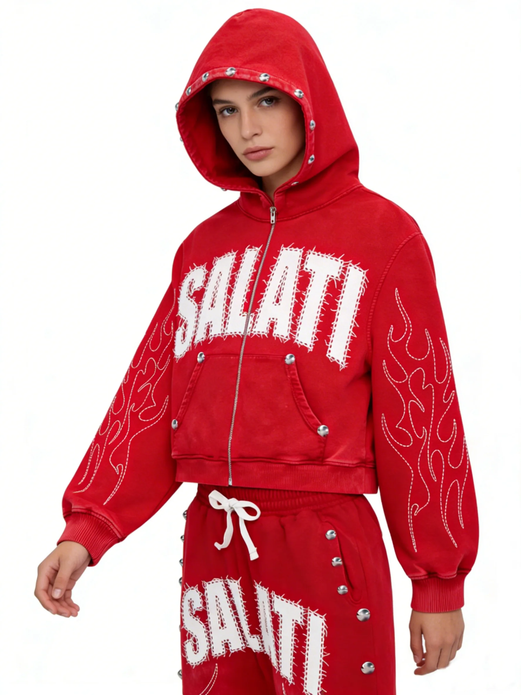 SALATI Custom Cotton Tracksuits Sweatpants and Hoodie Men Streetwear Acid Wash Distressing Embroidery Rhinestone Sweatsuit Set gallery 2