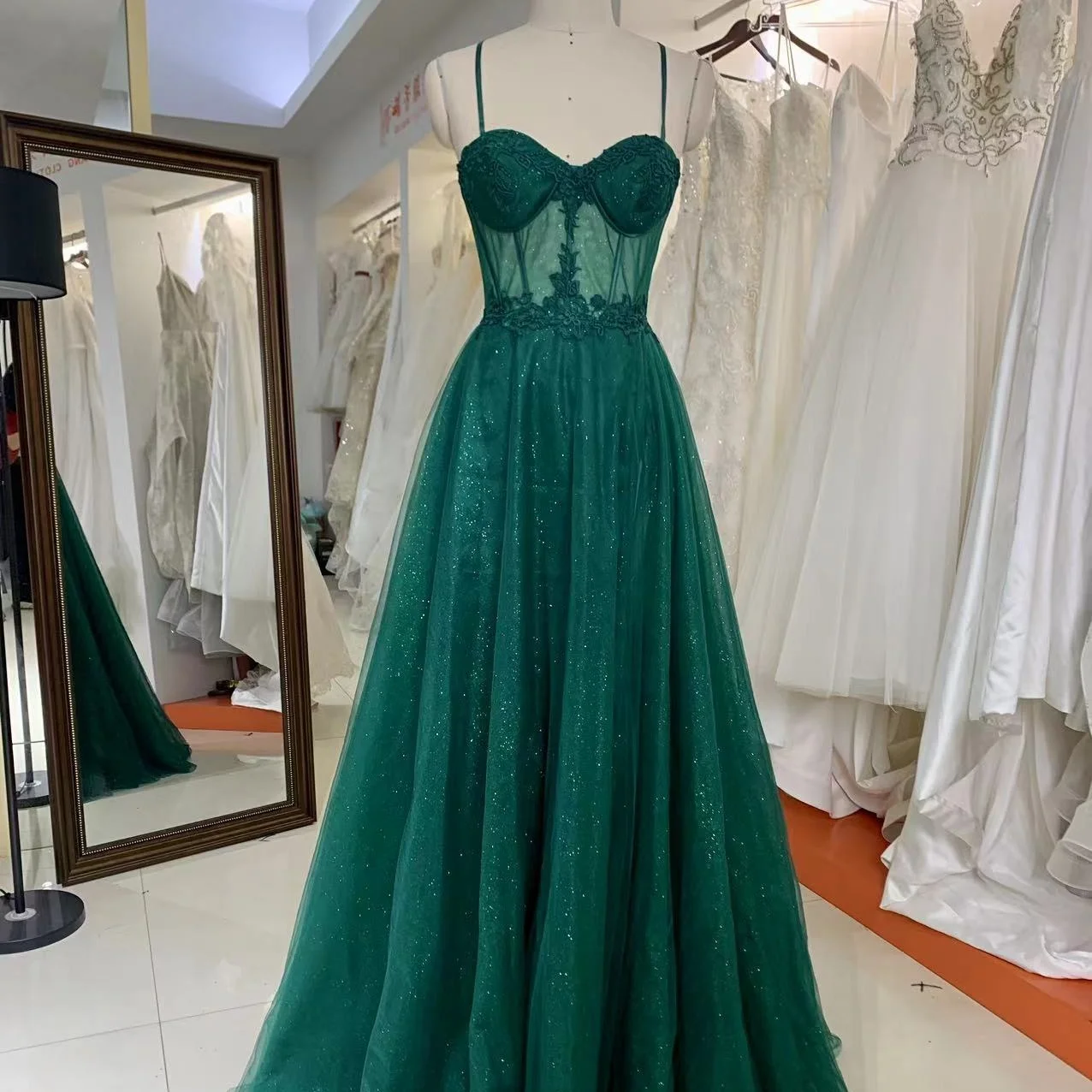 Sleeveless Simple Shine Tulle Sexy Fitted See Boning Corset A-Line Skirt  Natural Embroidery Eco-Friendly Dark Green Party Prom