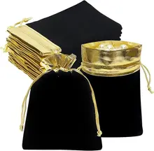 Package 10pcs Velvet Bags with Drawstrings 5x7 inch, Black Gold Cloth Gift Pouches Baggies Sacks for Jewelry Dice Party Favor