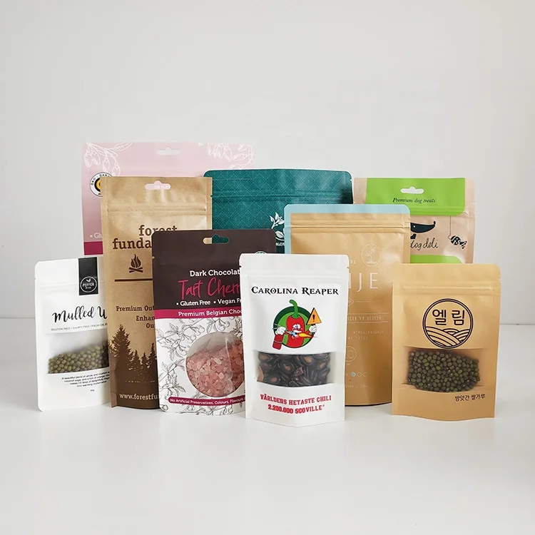 Custom Printed Food Packaging Stand up Pouch Resealable Zipper Craft Kraft Paper Bags With Your Own Logo
