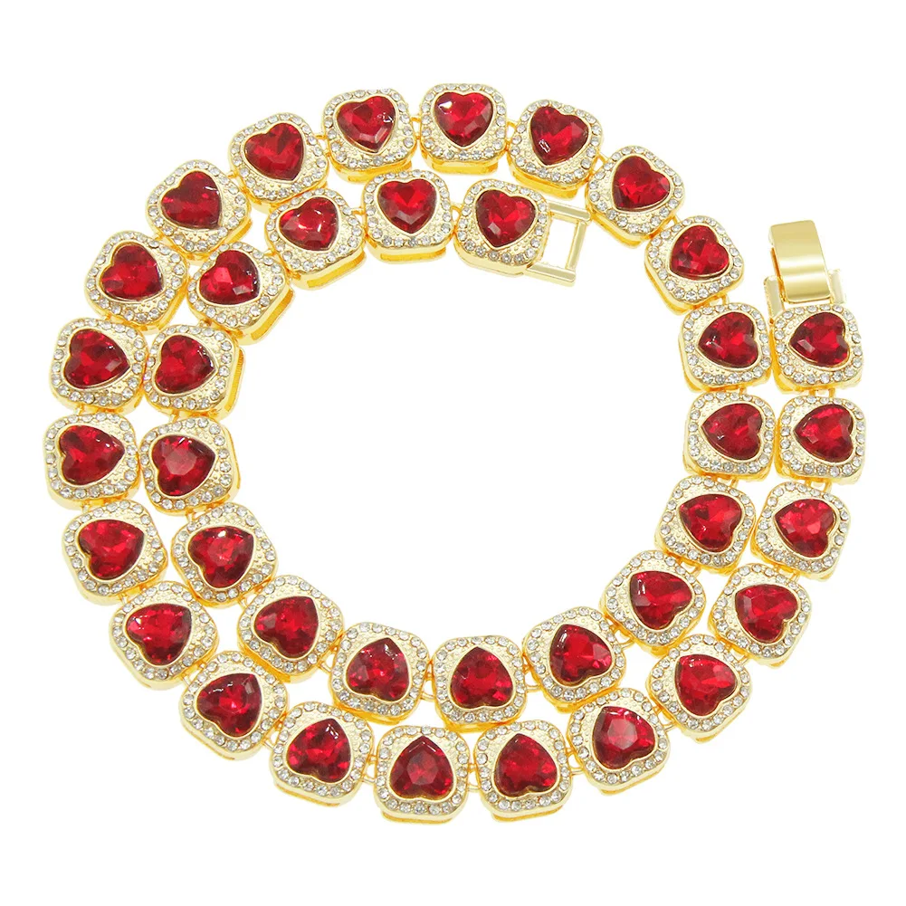 2025 New Rhinestone 18k Plated Good Cuban Link Chain Jewelries Christian Products Red Enamel Heart Vintage Necklace for Women