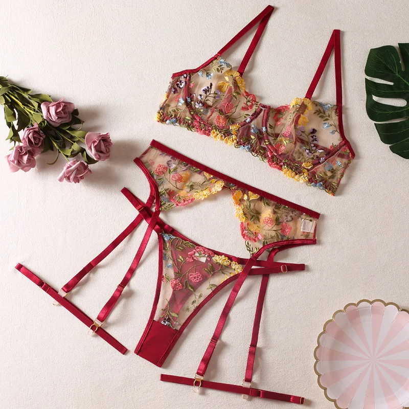 Floral Embroidery Bra G-string Sexy Underwear Sets Valentine Day