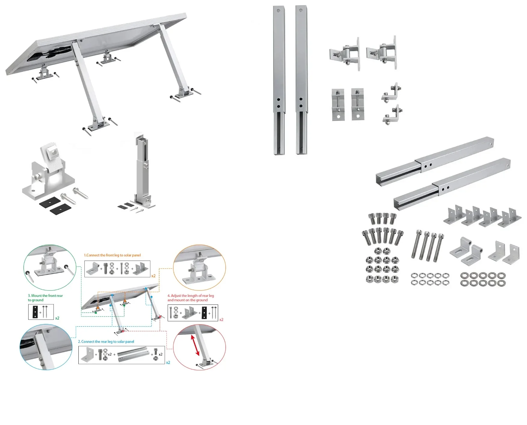 30 Degree to 60 Degree Adjustable Tilt Front Leg Rear Leg for Roof Mounting Bracket