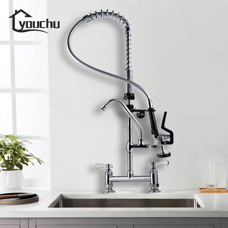 Commercial Kitchen 38\" Spring Deck-Mount Faucet Adjustable Height Swing Spout Pre Rinse Hot Cold Water Mixers Taps 2-Hole manufacture