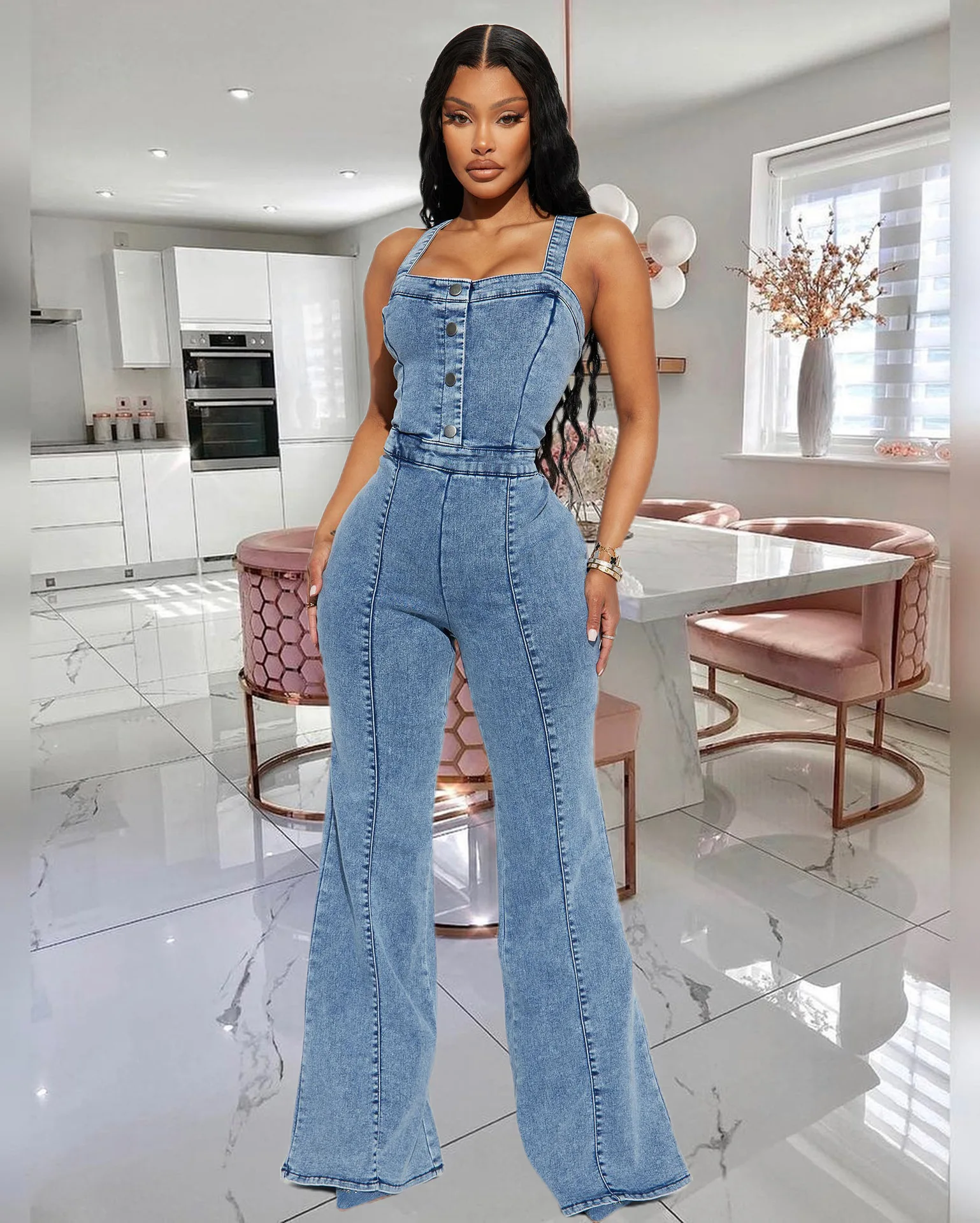 European and American Women's Fashion Casual Sexy Shoulder Straps Denim  Jumpsuit Wide Leg Pants Flared Pants