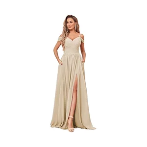 Classic Casual Off-The-Shoulder V-neck Backless Chiffon Floor-Length A-Line Evening Gown Lace Decoration Long Slit Bridesmaids