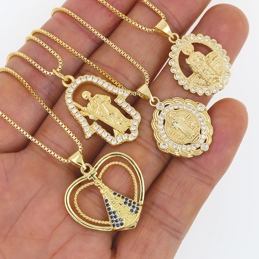 18k Gold Plated Cubic Zirconia Religious Pendant Necklace Saint