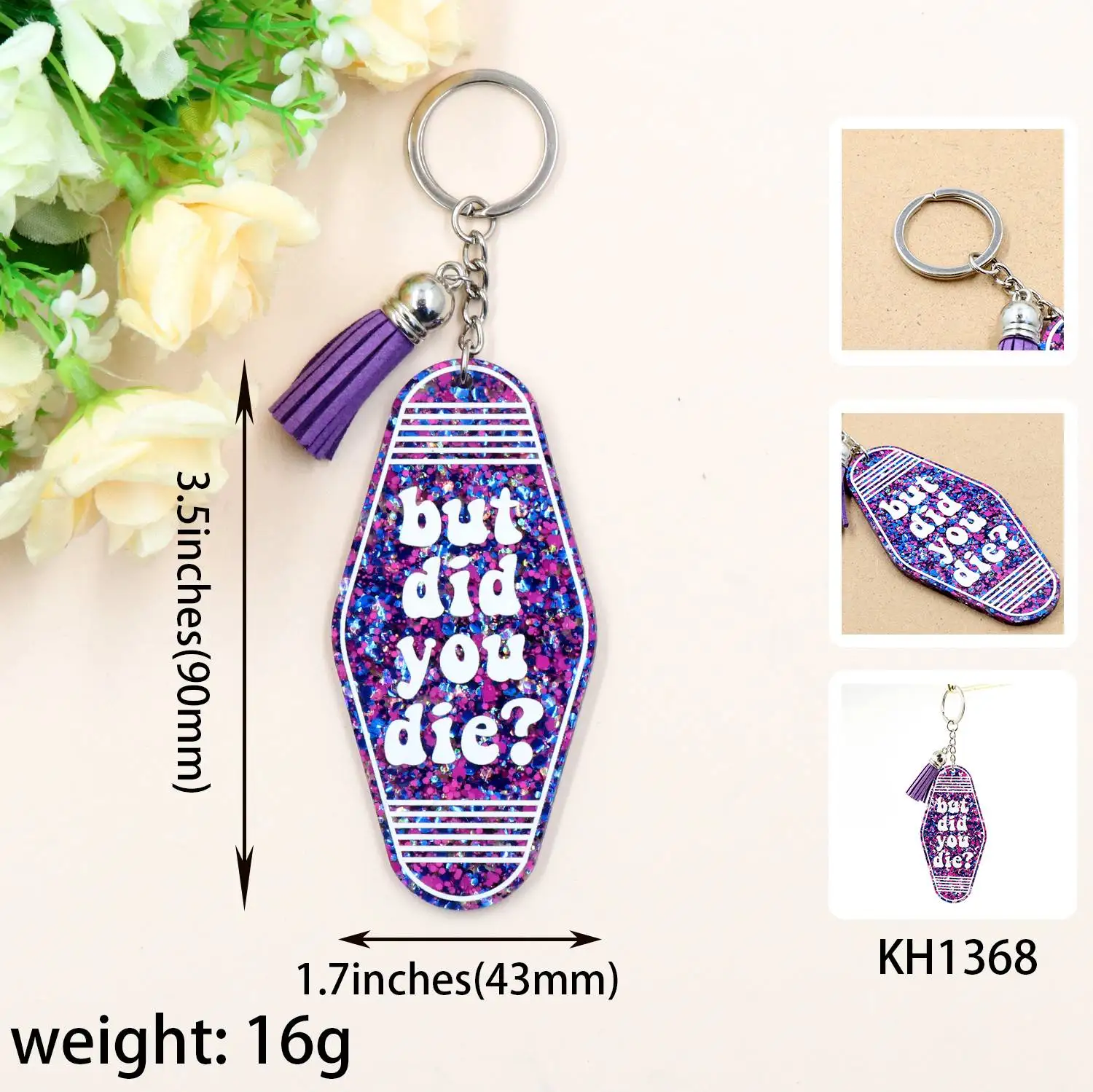 HYLKH1368 Retro Hotel Keyring Fun but Did You Die Motel Keychains Stainless Steel with UV Printing Gifts for Drivers details