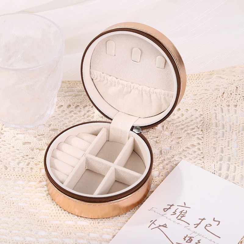 New round zipper jewelry box cross-border pu necklace earrings ring multifunctional storage box portable jewelry box factory