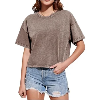 Blank Cotton Oversized Acid Wash Tshirt Plain Custom Plus Size Crop Top For Women