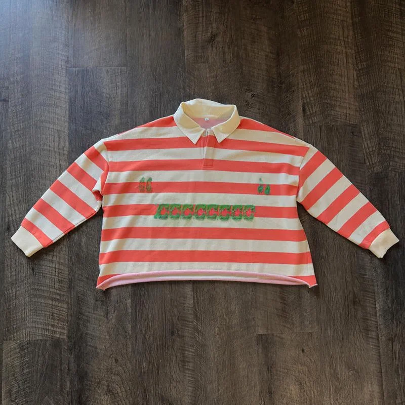 Salati Customized High Quality Striped Collared 100% Cotton Embroidered Long Sleeve Boxy Cropped T-shirts Rugby Men Polo Shirts gallery 8