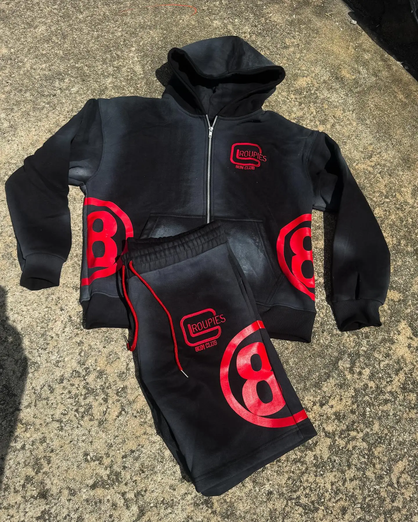 Custom 3d Puff Print Zip up Hoodie Acid Wash Sun Faded Hoodie Cut Edge Vintage Shorts Tracksuits Sweatsuit Hoodie and Short Set gallery 7