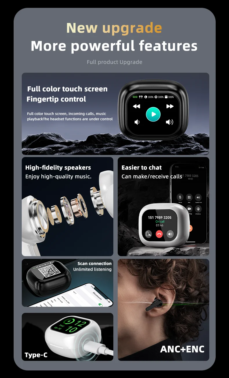 TWS WT-7 Earphone Wireless BT V8 Earbuds ANC Noise Cancelling Headphone In Ear Touch Screen Controls Headset