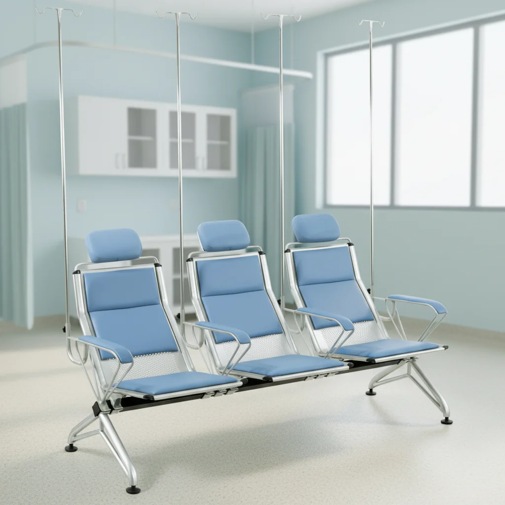 Modern Steel Hospital Waiting Room Three-Person Seating with IV Support Poles Durable & Eco-Friendly Commercial Furniture 5