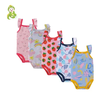 100% Cotton Knitted Bulk Newborn Girl Onesie Halter Ruffle Sleeveless Summer Overalls Snap Button Cute Print Pattern Baby