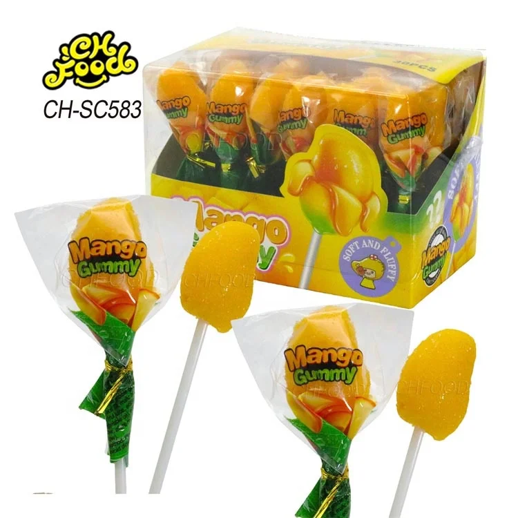Halal 3D Sugar Coated Mango Shape Gummy Jelly Candy Lollipop Wholesale and Custom China Sweets Candy Snack