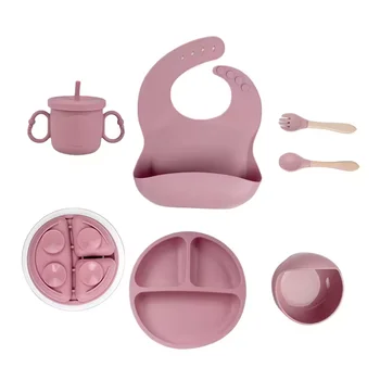 Hot Sell Baby toddler tableware 6Pcs Silicone Rubber Baby Supplies Dining Plate Bowl Cup Spoon Fork Feeding Set Baby Bibs