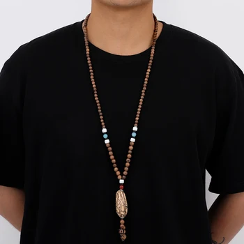 NEULRY Factory Direct Sale Personalized Brown Handmade Unisex Bodhi Wood Beads Long Necklace
