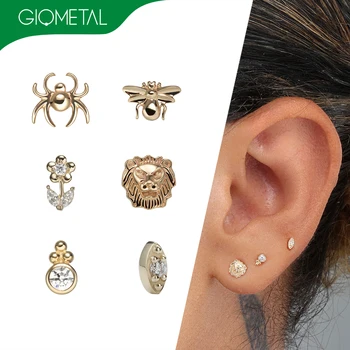 Giometal Luxury 14K/18KT Solid Gold Press Fit Spider Bee Snake Flower Lion Threadless Conch Daith Nose Body Jewelry Piercing