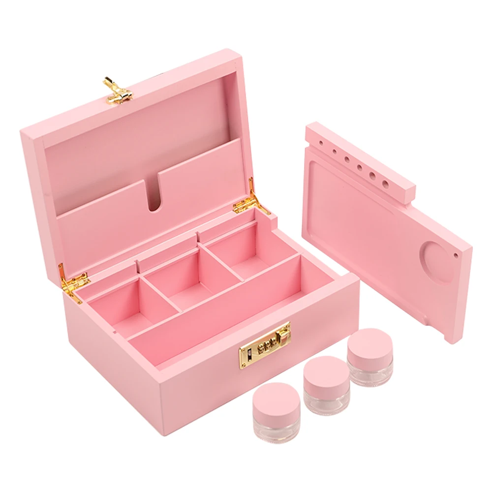 pink Customize LOGO Smoking case Accessories Nature Bamboo Wooden Smoking Herb Stash Box with Jars Lock Combo Kit