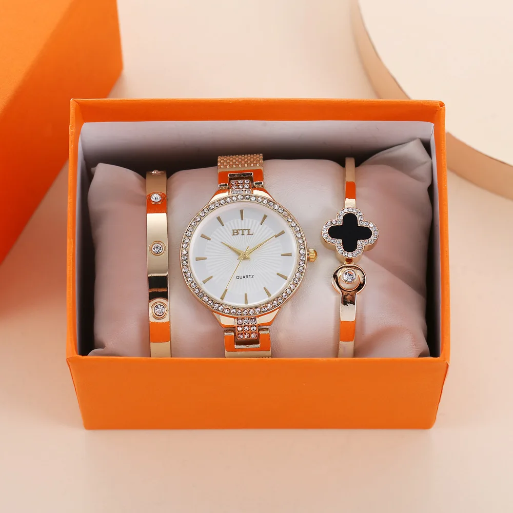 New Fashion Watch Jewelry Set 3pcs/set Creative Exquisite Mesh Belt Quartz Watch Bracelet Women's Watch Gift Set