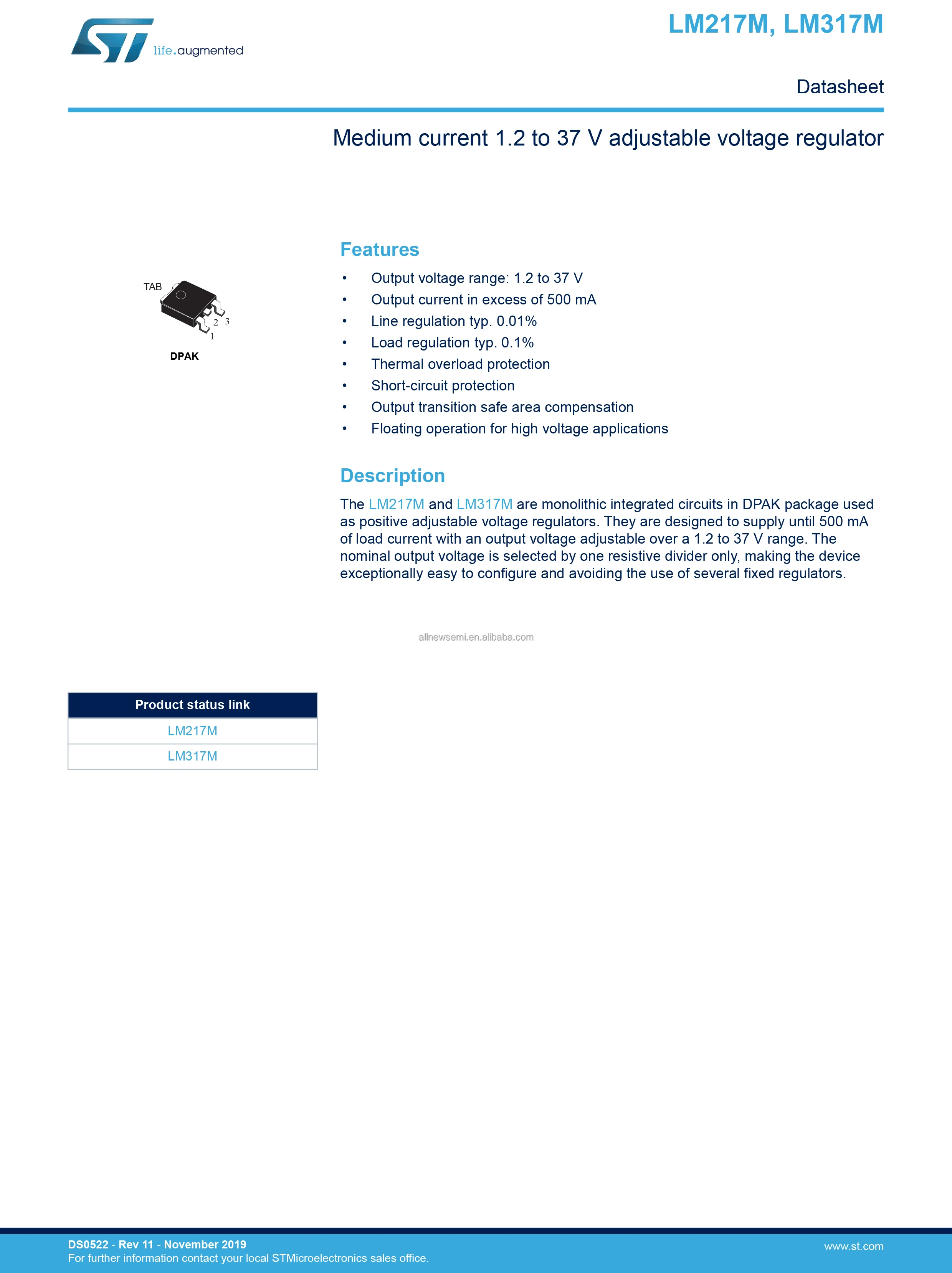 Hot sale Original LM317MDT-TR IC REG LINEAR POS ADJ 500MA DPAK Linear Voltage Regulator IC Positive Adjustable 1 Output