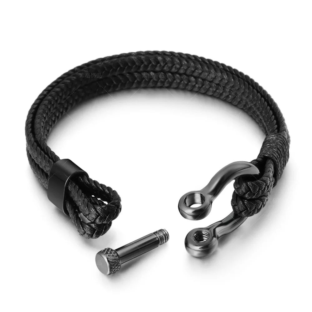 Men's Stainless Steel Black Leather Bracelet - 8 Horseshoe Design, Unisex, Nickel-Free
