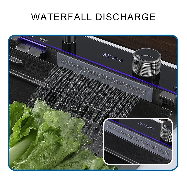 Nano Black 75x46cm Smart Waterfall Kitchen Sink With Whale Faucet Led ...