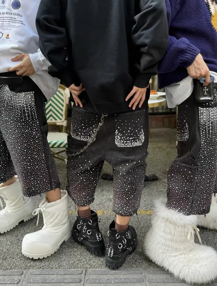 Custom Streetwear Man All Over Print Dirty Mud Acid Wash Skate Diamond Rhinestone Distressed Denim Jeans Shorts Baggy Jorts Men gallery 4