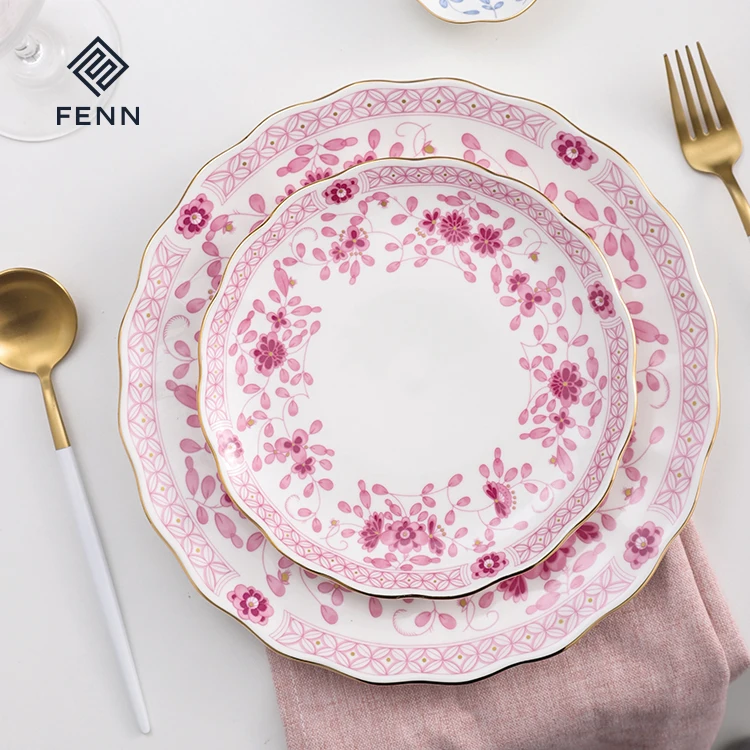 FENN factory wholesale blue and white retro porcelain tableware luxury western restaurant ceramic dinner plates sets dinnerware