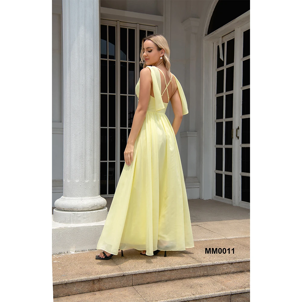 Factory Price Side Slit Graceful Yellow Formal Evening Long Dresses Women  Elegant Modest Vestidos De Fiesta for Ceremony