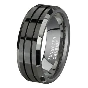 Coolstyle Jewelry 8mm Wholesale Two Line Beveled Edges Black Tungsten Finger Ring for Men Women Fashion Engagement Wedding Band