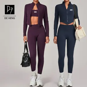 2026 New Sports Bra Gym Leggings Crop Jacket Outdoor Sports Suits Fitness 3 Pcs Women Active Wear Yoga Sets