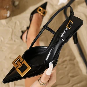1208-9 Pointed Toe Design Elegant Women Stiletto Sandals for Summer Luxury square Buckle Decor High Heel Shoe