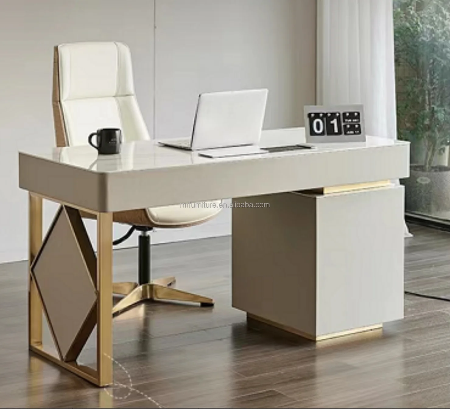 Modern Office Furniture Luxury Golden Stainless Steel Large Desk Office
