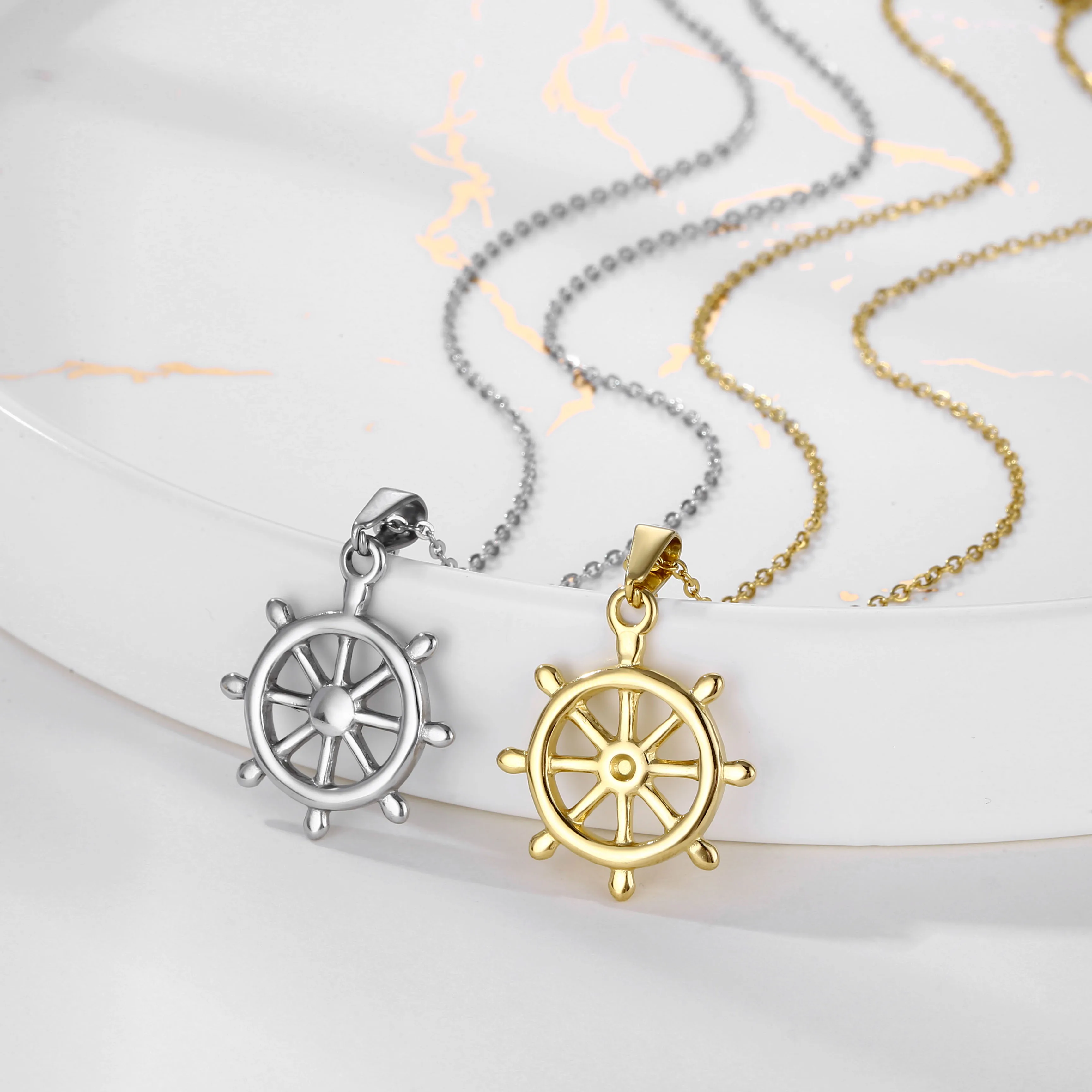 Men's 18k Gold Plated Stainless Steel Anchor Wheel Necklace