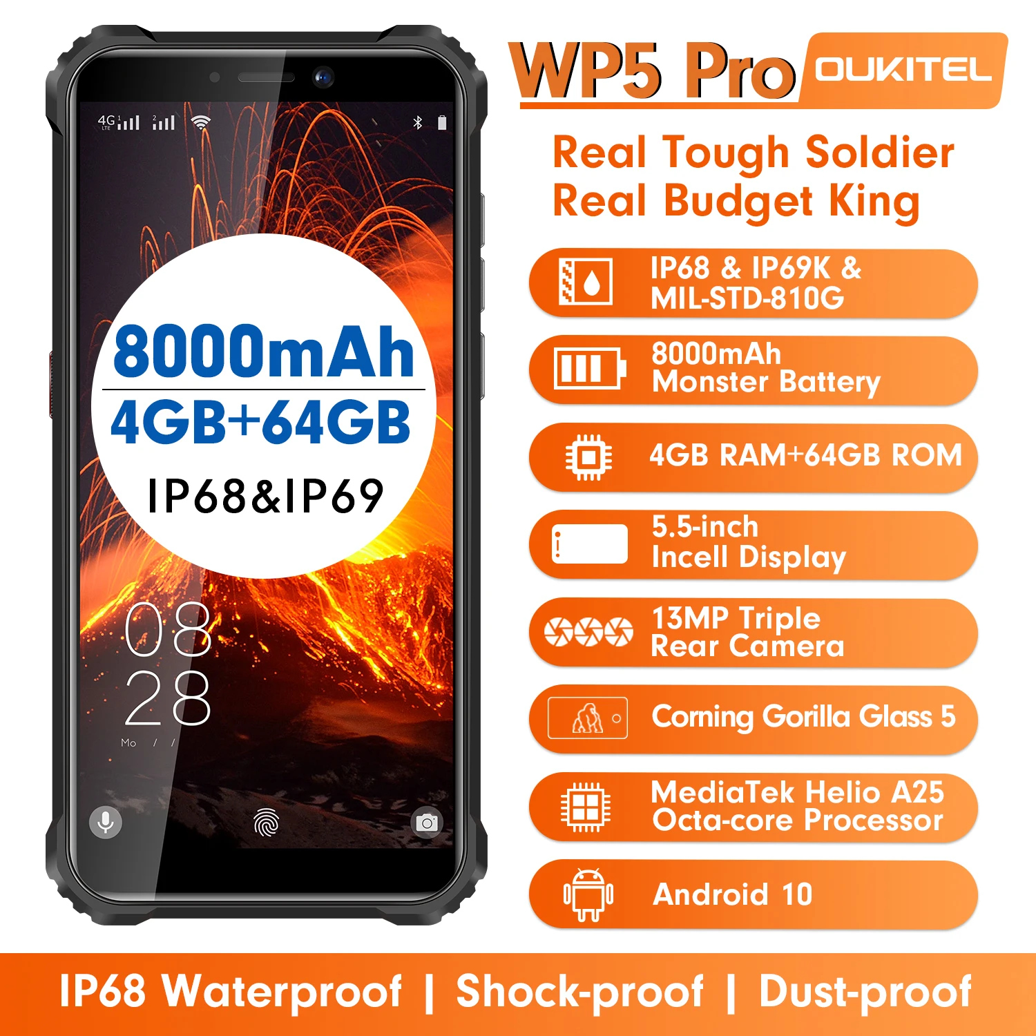Oukitel Wp5 Pro 5 5inch 4g Rugged Waterproof Mobile 4gb 64gb Android 10 0 Smartphone With 4 Camera 8000mah Battery Buy Original New Brand Mobile Phones Best 5 5inch Android Smartphone China Smartphone Product On Alibaba Com