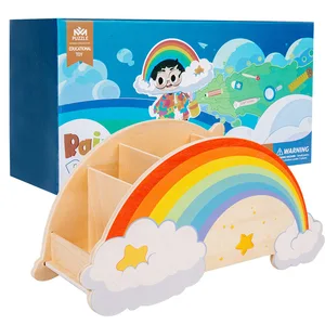 Unisex Creative Rainbow Pen Holder for Home Office Children's Wooden Stationery Box Storage Tube Durable Wood School Supplies