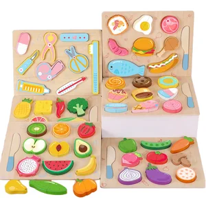 Premium Wooden Cutting Food Play Set for Kids Realistic Fruits Vegetables Cakes with Wooden Knife & Storage Tray