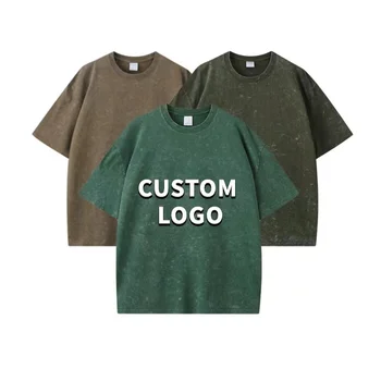 OEM Puff Print 100% Cotton Acid Washed Men's t-shirt 260GSM Heavyweight Custom Logo Printing Embroidery Vintage Washed Tshirt