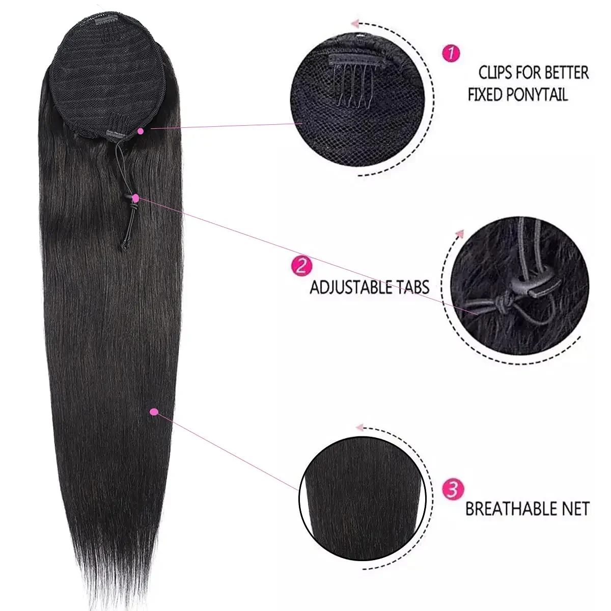 26 Zoll natürlicher schwarzer gerader Pferdeschwanz-Clip in Echthaar-Verlängerung_voghion.com