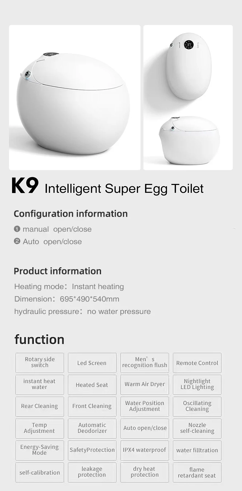 2023 new design egg shape round one piece auto sensor flush electric bidet bathroom intelligent automatic smart toilet bowl factory