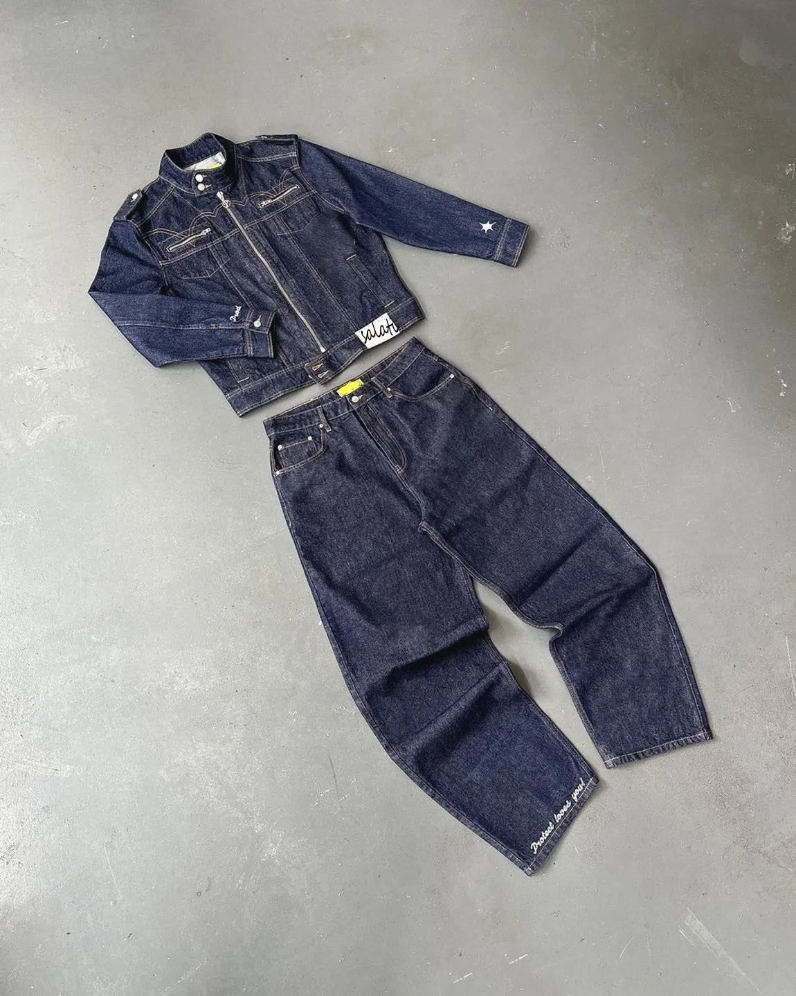 For Vintage Custom High Quality Hip Hop Men's Oversized Two-Piece Baggy Denim Motorcycle Jacket Jeans Set Quick Dry
