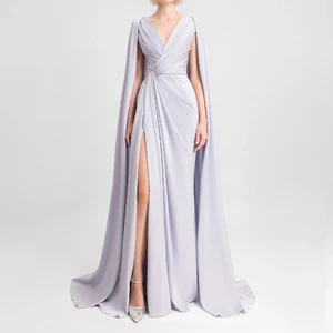 ZYHT 73573 Custom Cape Sleeve Purple Satin Long Maxi Luxury Muslim Gown Formal Mermaid Modest Elegant Evening Dresses for Women